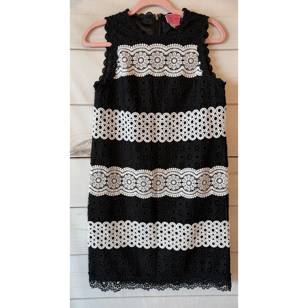 Kate Spade Black White Guipure Floral Lace Striped Shift Dress 0